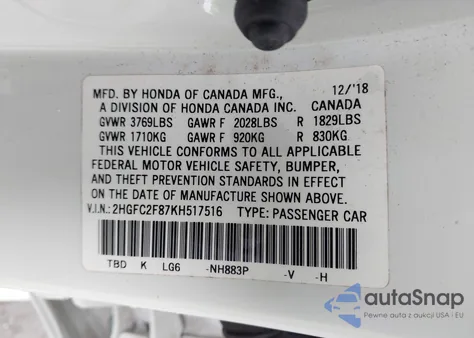 2019 Honda Civic Sport from USA, damaged, VIN 2HGFC2F87KH517516